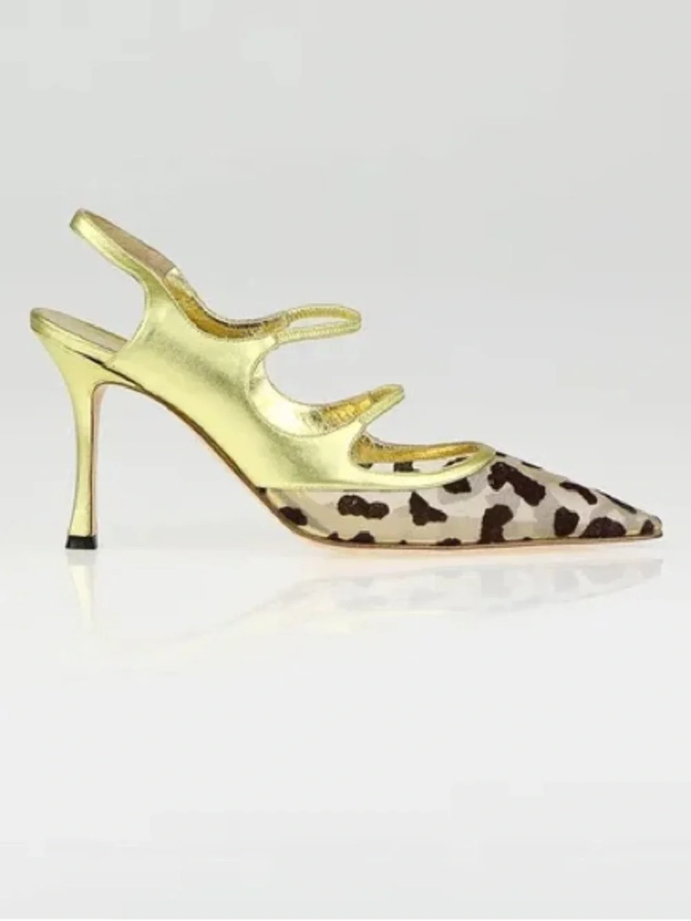 Manolo Blahnik Gold Metallic & Leopard Print Pumps Pointed Toe Heels Size 38
